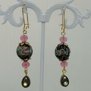 Vintage Wedding Cake Beads Pink, Black and Gold Earrings